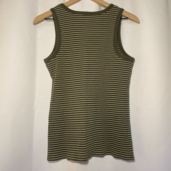 Nine West Essential Olive Stripe Ribbed Banded Fitted Tank Womens L Layering EUC - Picture 2 of 6